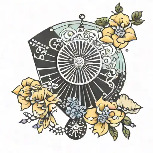 folding fan with diamonds and flowers tattoo design idea