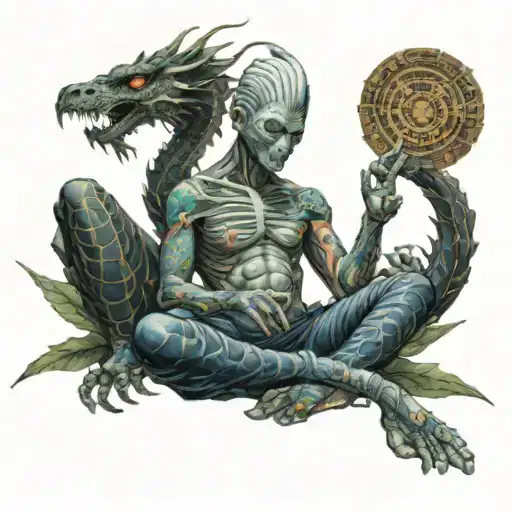 A bandage mummy boy in lotus position, holding galaxy in his hands, siting on big pair hands, 2 dragons surrounding on 2 tattoo design idea