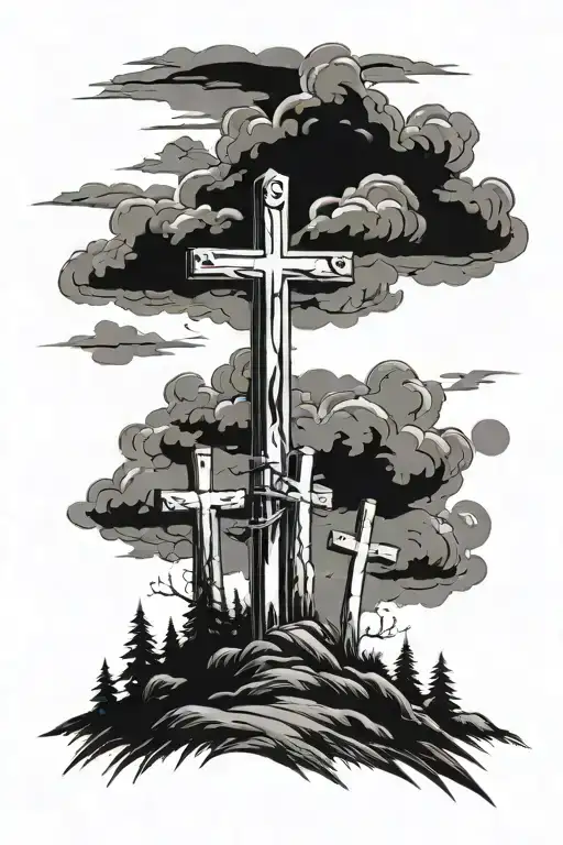 paint stroke 3 Crosses on hill surrounded by dark clouds  tattoo design idea