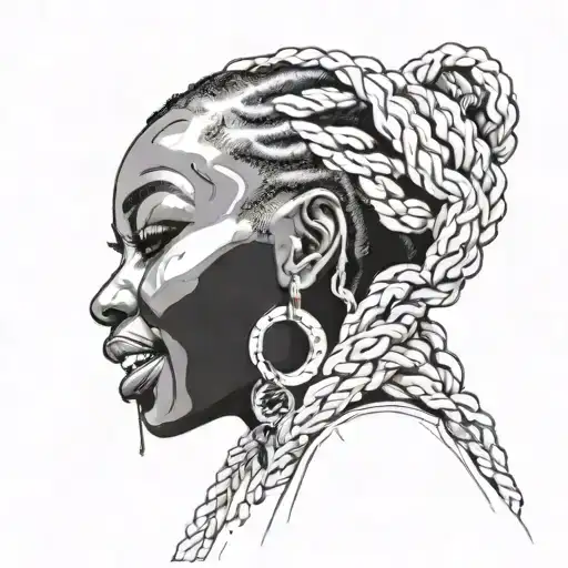 Black girl with Grillz in her mouth , long braids , acrylic nails , Head Only  tattoo design idea