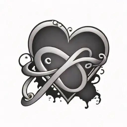 infinity loop with initials J, B, and M in the line of the loop separated by purple hearts tattoo design idea