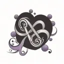 infinity loop with initials J, B, and M in the line of the loop separated by purple hearts tattoo design idea