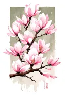A Japanese-inspired illustration featuring a delicate branch with vertically arranged soft pink magnolia blossom framed tattoo design idea