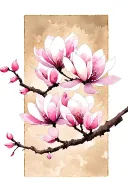 A Japanese-inspired illustration featuring a delicate branch with vertically arranged soft pink magnolia blossom framed tattoo design idea