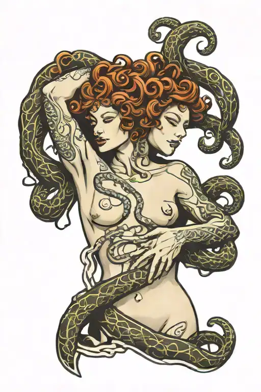 Medusa torso hugging itself surrounded tattoo design idea