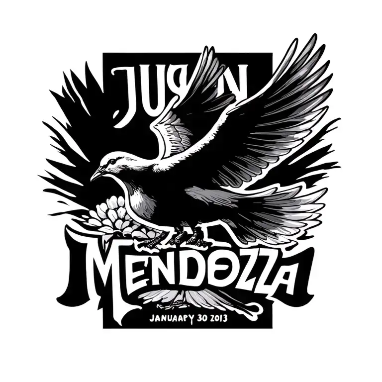 dove flying with the name Juan Mendoza with the date January 30 2013 under it  tattoo design idea
