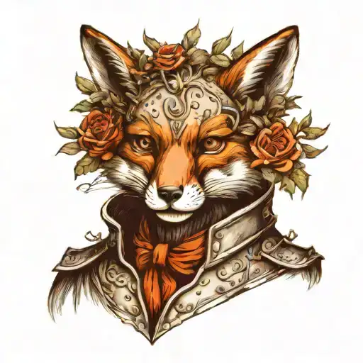 an anthropomorphic fox in a suit of armour. make it drawable and include nature decor for extras. no color tat  tattoo design idea