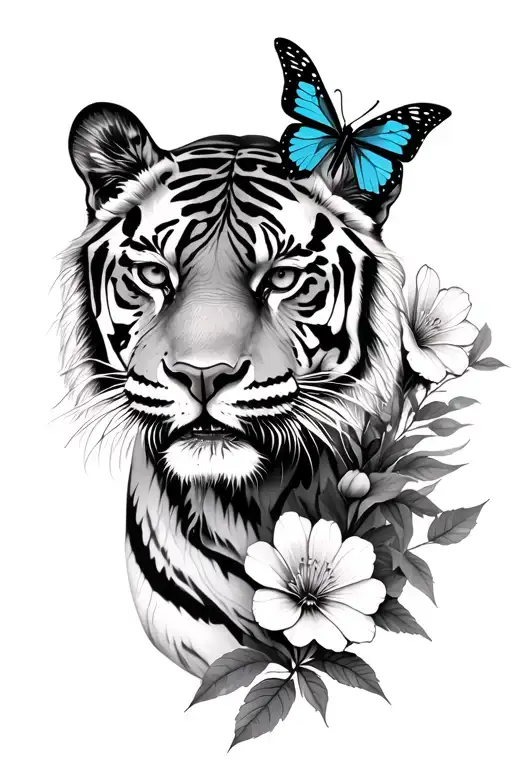 Tiger, flowers and, butterflies tattoo design idea