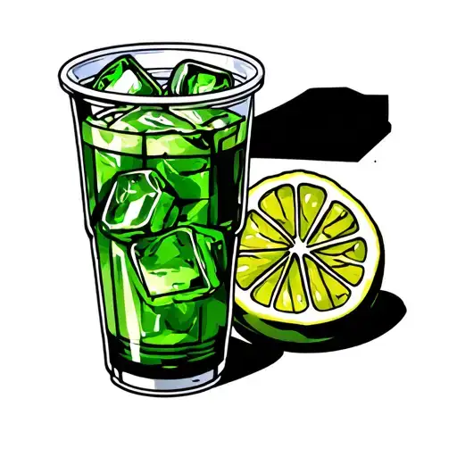 plastic cup whit a green drink and ice cube, no lemon tattoo design idea