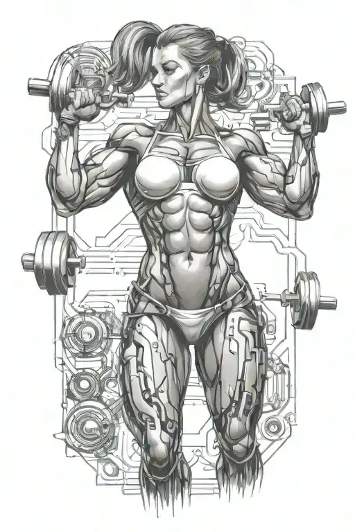 bodybuilder muscular women weightlifting with technology circuits vectors board merging tattoo design idea