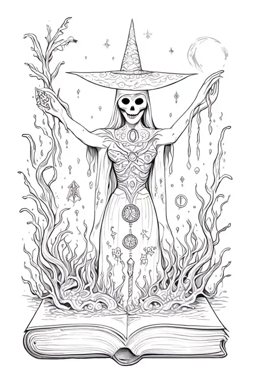 A witchcraft book with voodoo symbols and underwater sea life tattoo design idea