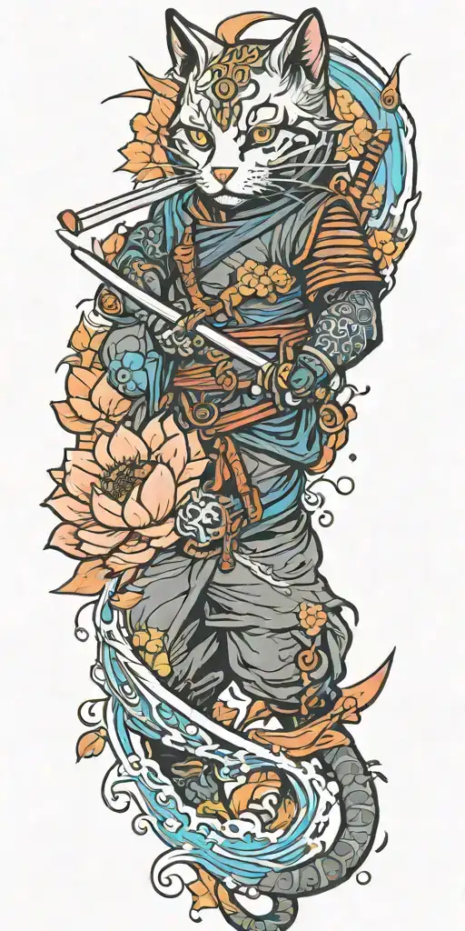 ninja cat holding katana, tail, water, waves, lotus, sakura, clouds, whirlpool, leaves, peony, sun waterfall tattoo design idea