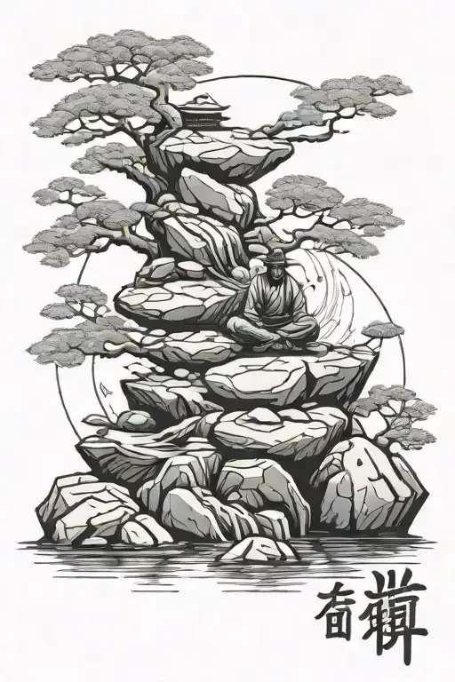 zen samurai water meditation rock balancing tattoo design idea