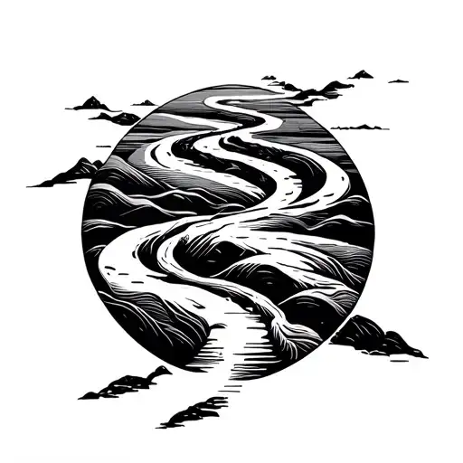 winding path leading beyond the horizon, symbol of trust and courage without borders, abstract lines, timeless tattoo design idea