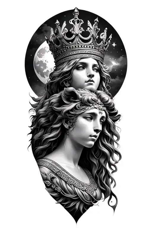 realism black & grey rhea greek goddess of motherhood wearing crown with lion and moon tattoo design idea