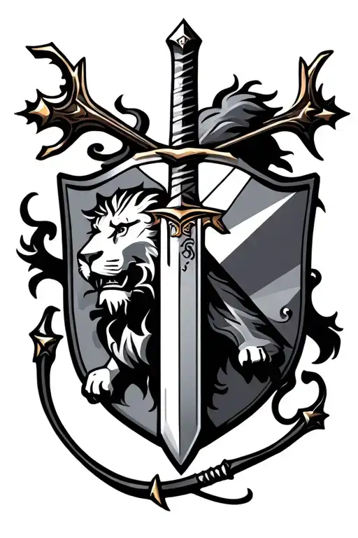 lion, sword, shield, bow and arrows, crest, geometric tattoo design idea