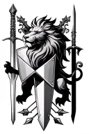 lion, sword, shield, bow and arrows, crest, geometric tattoo design idea