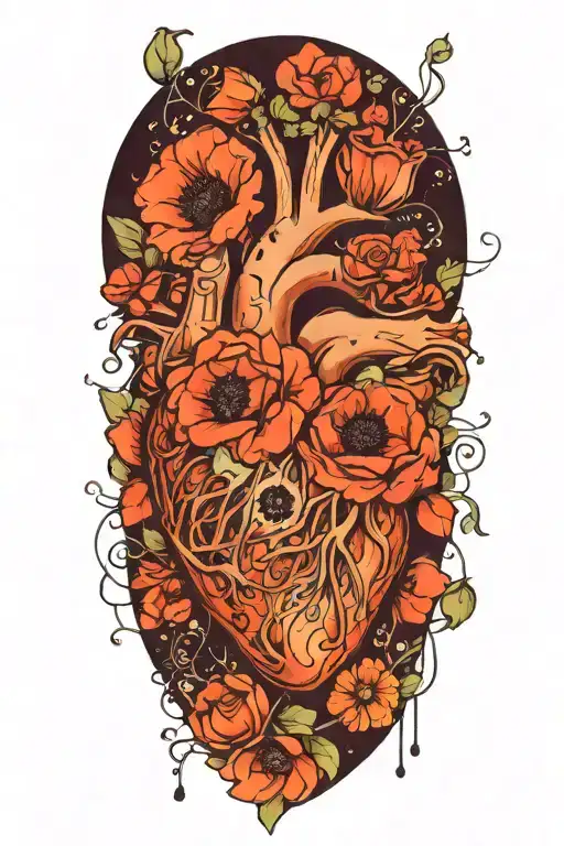 abstract design human heart, poppies, anemones, music, love tattoo design idea
