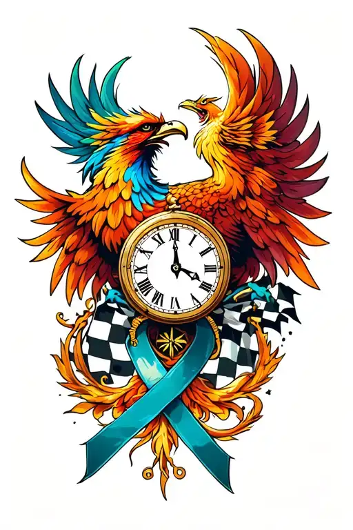 Phoenix, checker flag, compass, clock, cancer ribbon tattoo design idea