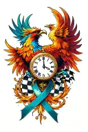 Phoenix, checker flag, compass, clock, cancer ribbon tattoo design idea