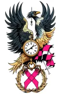 Phoenix, checker flag, compass, clock, cancer ribbon tattoo design idea
