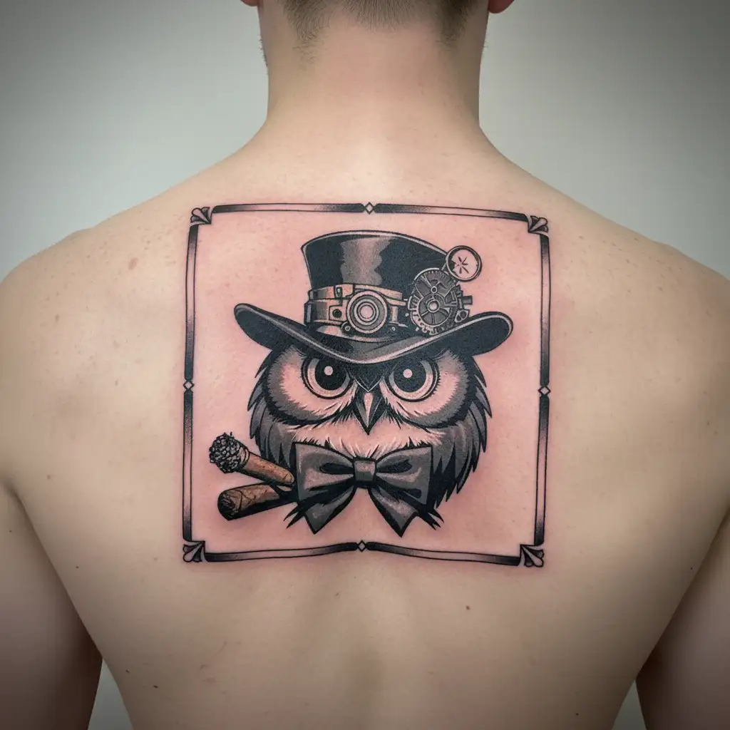 Steampunk owl with hat, bow tie, and cigar tattoo design idea