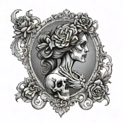 female skeleton cameo with Victorian frame tattoo design idea