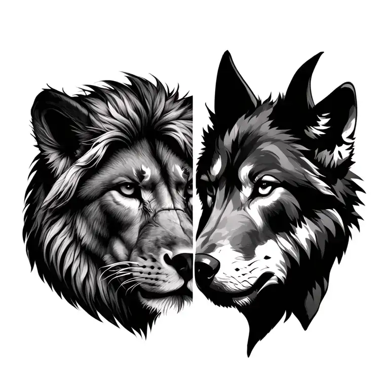 lion and wolf half face left and right pec tattoo tattoo design idea
