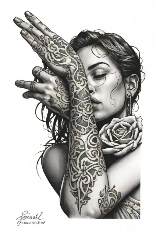 tattoo of a girl relaxed with her eyes closed, a wrapped fist under it representing fight with high detailed architectur tattoo design idea