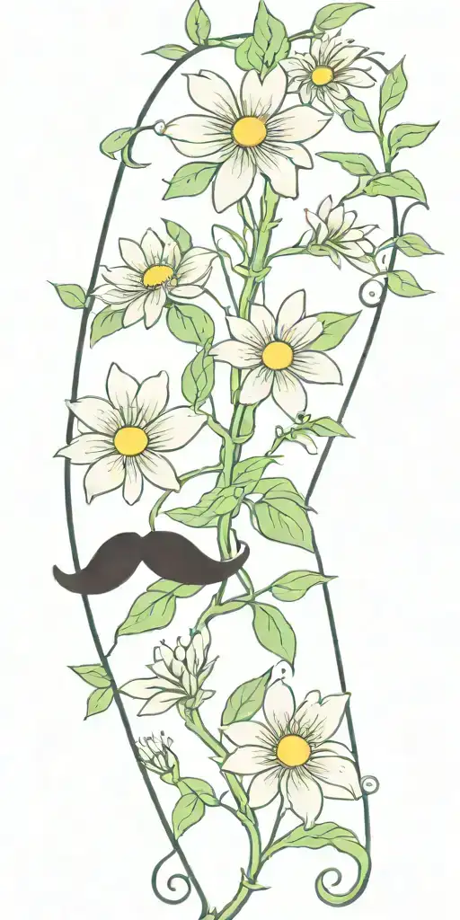 Long narrow vine with green leaves and daisy flowers tattoo design idea