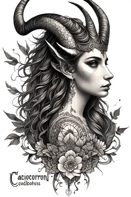 Capricorn Goddess Dark ornamental mixed tattoo design idea