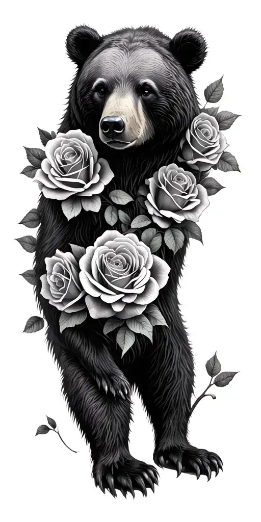 bear surrounded roses wrapped trees looking through lens tattoo design idea