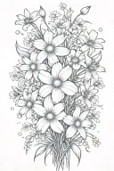 daisies and daffodils bouquet with sprinkling of cherry blossoms, snow drops, violets, filler, stems tattoo design idea