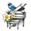 a piano, a bluebird and a daffodil tattoo design idea
