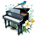 a piano, a bluebird and a daffodil tattoo design idea