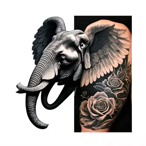 mens full sleeve of a sideways elephant head with angel wings a cross roses and waves in black and grey realism chicano tattoo design idea