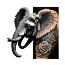 mens full sleeve of a sideways elephant head with angel wings a cross roses and waves in black and grey realism chicano tattoo design idea