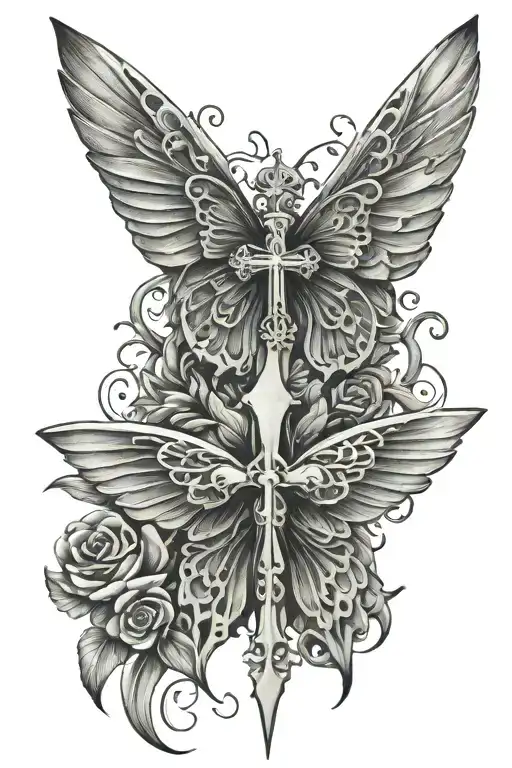 cross and cardinal and butterfly wings tattoo design idea