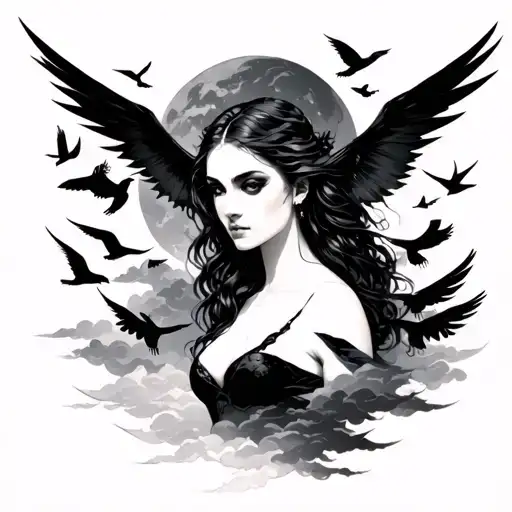 lucifer and beautiful strong female earthling with suggestion of silluettes and dark clouds and doves tattoo design idea
