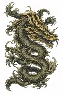 Chinese wood dragon wrapped around arm with single head placed on anterior shoulder with elements of strength, wisdom  tattoo design idea