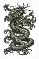 Chinese wood dragon wrapped around arm with single head placed on anterior shoulder with elements of strength, wisdom  tattoo design idea