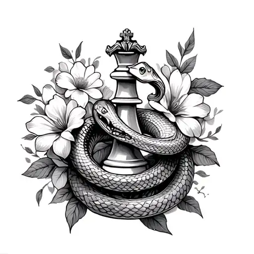 Snake wrapped around queen chess piece with flowers tattoo design idea