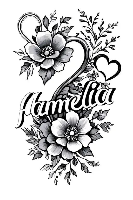 Name "amelia" with hearts and flowers tattoo design idea