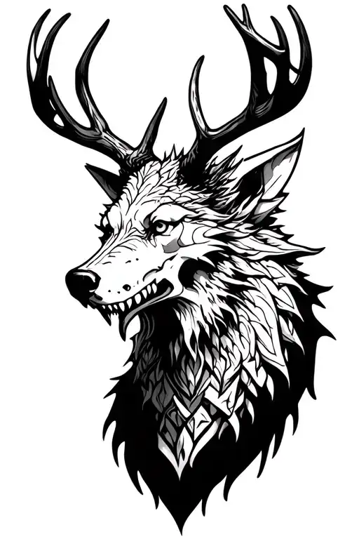 dire wolf, Skyrim dragon skull and red dead stag seperate tattoos mixed into a sleeve tattoo design idea