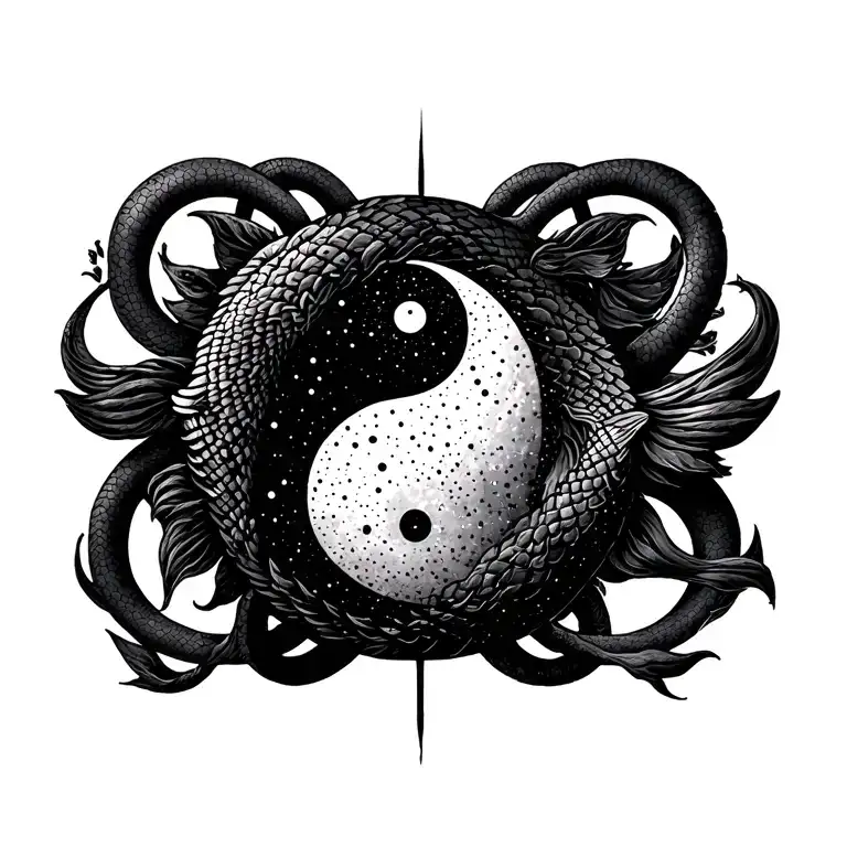 Combination of the pisces sign with yin-yang symbol and with ouroboros serpent around it tattoo design idea