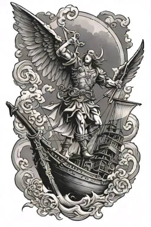 saint michael arc angel above a pirate ship sailing through stormy tattoo design idea