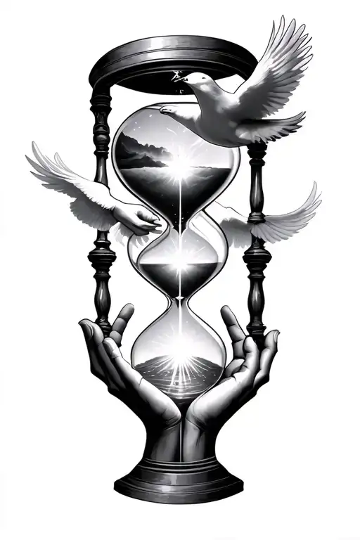 hourglass stair way to heaven reaching hands holding shining light from heaven dove tattoo design idea