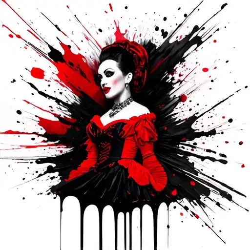 alf-profile portrait of Cruella in red-black dress melting into abstract brushstrokes tattoo design idea