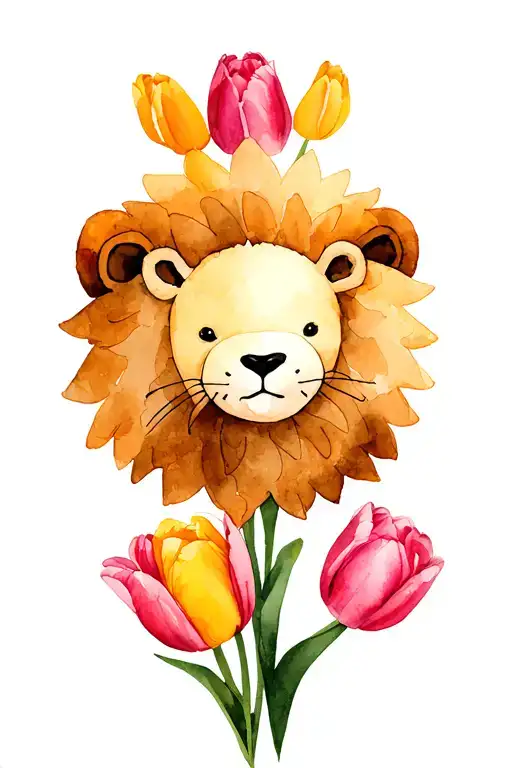 small stuffed animal lion slee surrounded by tulip lowers. THICK black lines.  color spilling over. flowers not attached tattoo design idea