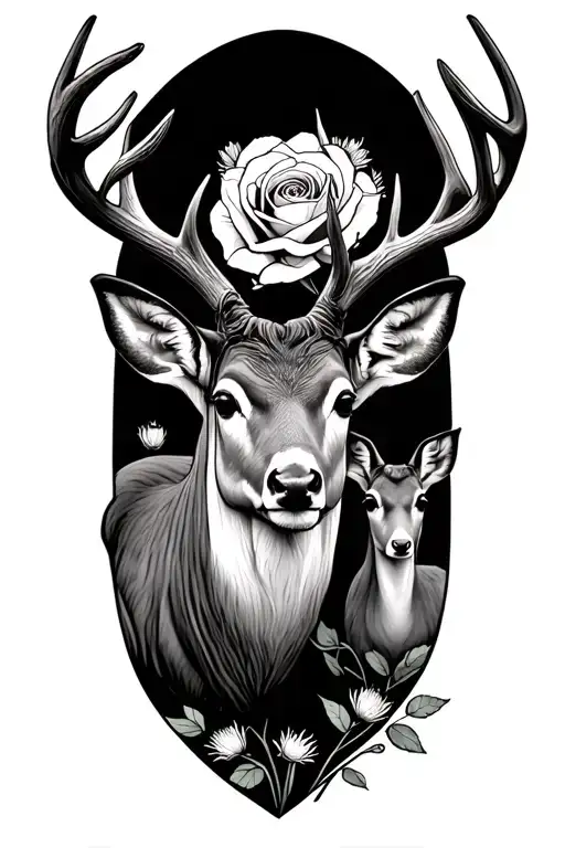 Large buck, with a young buck, a doe, and a young doe rose and thistle  tattoo design idea